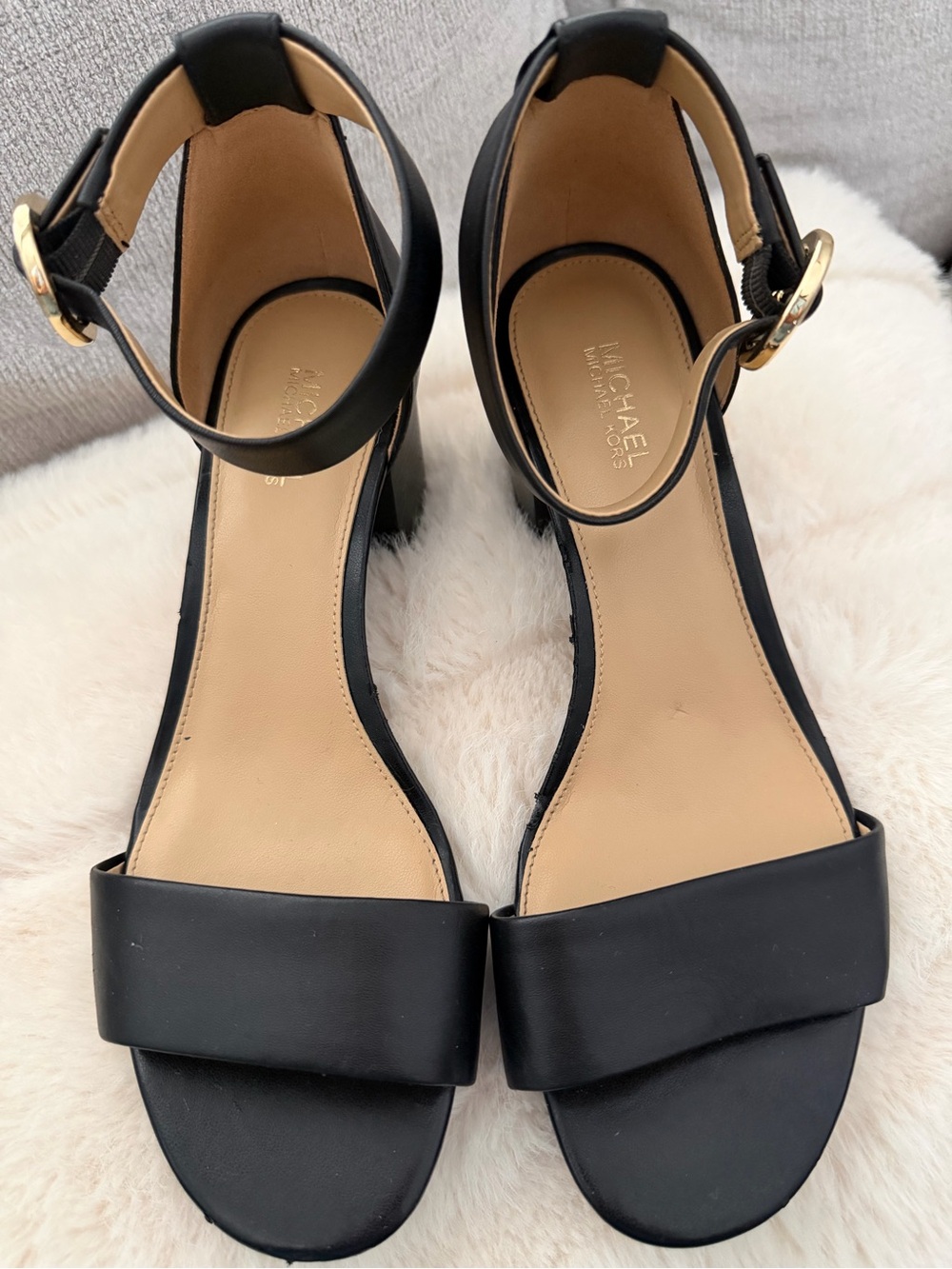 MICHAEL Michael Kors Black Ankle-Strap Block Heel Sandals with Gold Buckle
